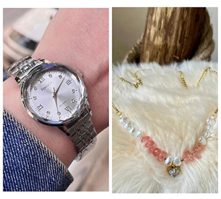 Ferrucci Kristal Kadranlı Taşlı Çelik Kadın Kol Saati+İncili Çelik Kolye Hediye