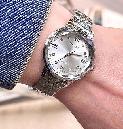 Ferrucci Kristal Kadranlı Taşlı Çelik Kadın Kol Saati+İncili Çelik Kolye Hediye