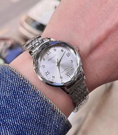 Ferrucci Kristal Kadranlı Taşlı Çelik Kadın Kol Saati+İncili Çelik Kolye Hediye