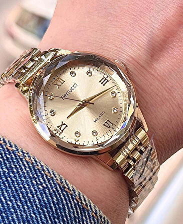 Ferrucci Kristal Kadranlı Taşlı Çelik Kadın Kol Saati+İncili Çelik Kolye Hediye
