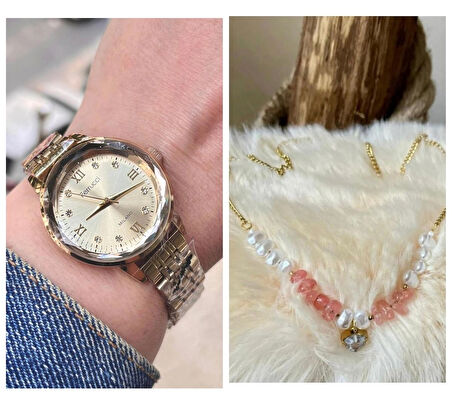 Ferrucci Kristal Kadranlı Taşlı Çelik Kadın Kol Saati+İncili Çelik Kolye Hediye