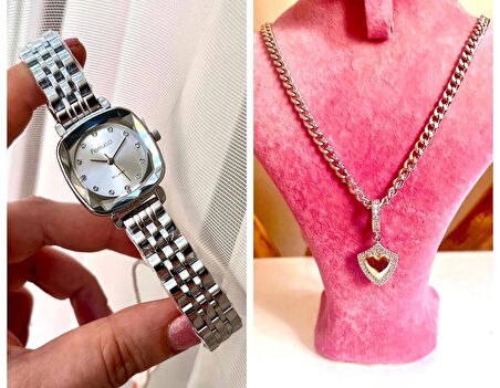 Ferrucci Kare Kadran Zarif Şık Çelik Kadın Kol Saati+%100 Çelik Kolye  Hediye