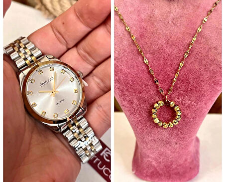 Ferrucci Zirkon Taşlı Kadın Kol Saati+%100 Çelik Dorikalı Kolye Hediye