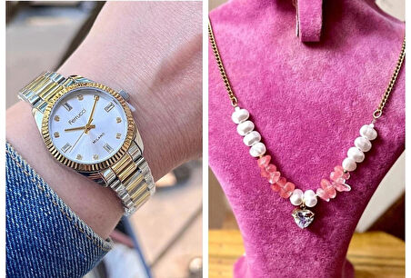 Ferrucci Taşlı Kadran Rolex Kasa Çelik Kadın Kol Saati+Çelik Kolye Hediye