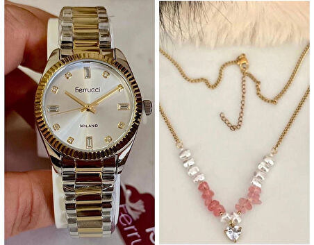 Ferrucci Taşlı Kadran Rolex Kasa Çelik Kadın Kol Saati+Çelik Kolye Hediye