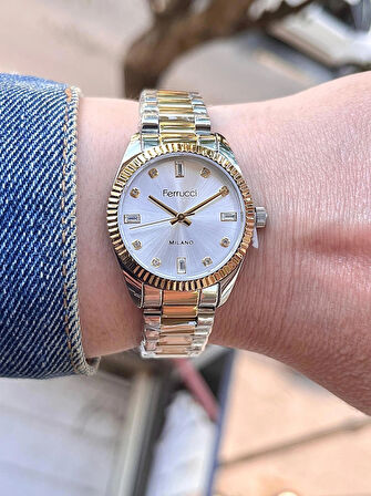 Ferrucci Taşlı Kadran Rolex Kasa Çelik Kadın Kol Saati+Çelik Kolye Hediye