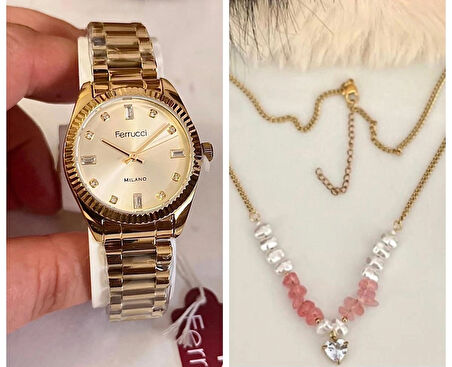 Ferrucci Taşlı Kadran Rolex Kasa Çelik Kadın Kol Saati+Çelik Kolye Hediye
