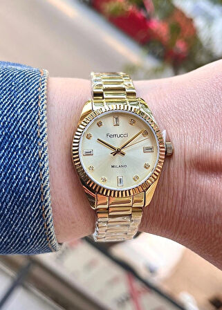 Ferrucci Taşlı Kadran Rolex Kasa Çelik Kadın Kol Saati+Çelik Kolye Hediye