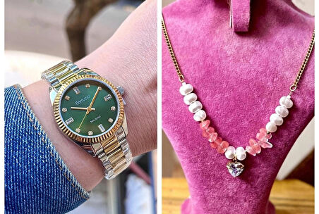 Ferrucci Taşlı Kadran Rolex Kasa Çelik Kadın Kol Saati+Çelik Kolye Hediye