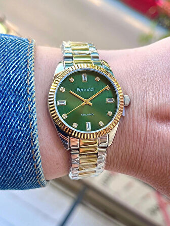 Ferrucci Taşlı Kadran Rolex Kasa Çelik Kadın Kol Saati+Çelik Kolye Hediye