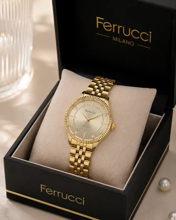 Ferrucci Milano Delüx Serisi Gold Renk Çelik Kordon&Kasa Kadın Kol Saati+Bileklik Hediyeli