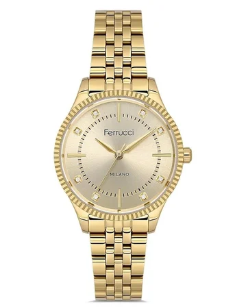 Ferrucci Milano Delüx Serisi Gold Renk Çelik Kordon&Kasa Kadın Kol Saati+Bileklik Hediyeli
