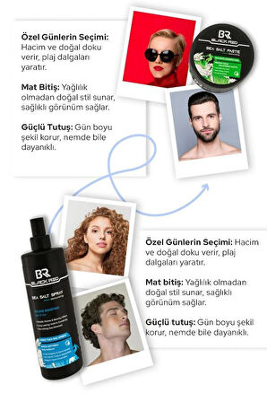 Black Red Saç Sea Salt Deniz Tuzu Saç Spreyi & Seal Salt Paste Saç Şekillendirici Mat Wax 2'li Set