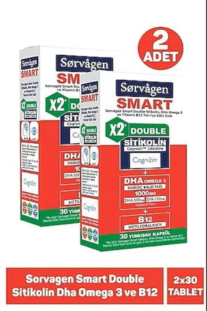 Sorvagen Smart Double Sitikolin 250 mg DHA Omega 3 ve B12 30 Kapsül 2'li
