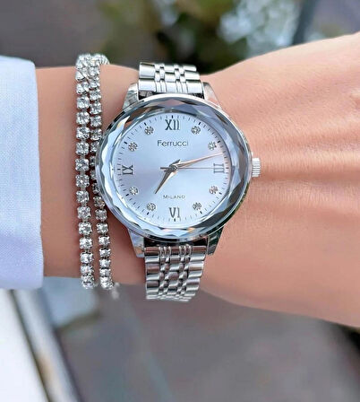 Ferrucci Jübile Kordon Kesme Camlı Çelik Kadın Kol Saat+Bileklik Hediyeli