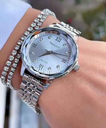 Ferrucci Jübile Kordon Kesme Camlı Çelik Kadın Kol Saat+Bileklik Hediyeli