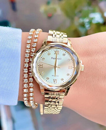 Ferrucci Jübile Kordon Kesme Camlı Çelik Kadın Kol Saat+Bileklik Hediyeli