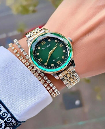 Ferrucci Jübile Kordon Kesme Camlı Çelik Kadın Kol Saat+Bileklik Hediyeli