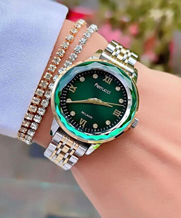 Ferrucci Jübile Kordon Kesme Camlı Çelik Kadın Kol Saat+Bileklik Hediyeli