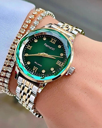 Ferrucci Jübile Kordon Kesme Camlı Çelik Kadın Kol Saat+Bileklik Hediyeli