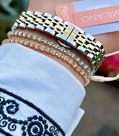 Ferrucci Jübile Kordon Kesme Camlı Çelik Kadın Kol Saat+Bileklik Hediyeli