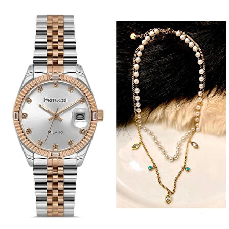 Ferrucci Zirkon Taşlı Takvimli Kadın Kol Saati+%100 Çelik Kolye Hediyeli