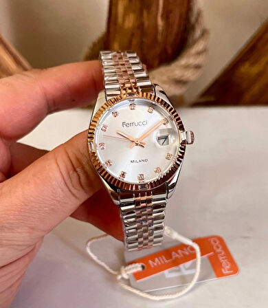 Ferrucci Zirkon Taşlı Takvimli Kadın Kol Saati+%100 Çelik Kolye Hediyeli