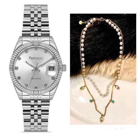 Ferrucci Zirkon Taşlı Takvimli Kadın Kol Saati+%100 Çelik Kolye Hediyeli