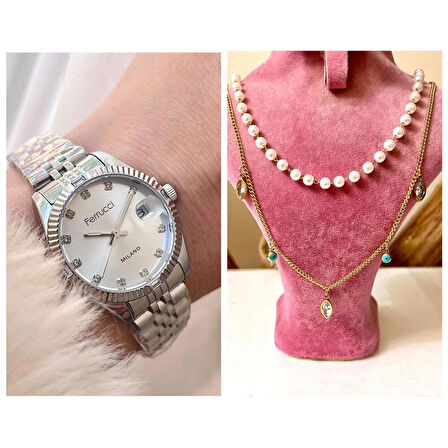 Ferrucci Zirkon Taşlı Takvimli Kadın Kol Saati+%100 Çelik Kolye Hediyeli