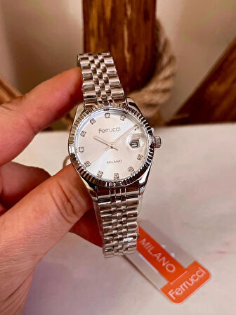 Ferrucci Zirkon Taşlı Takvimli Kadın Kol Saati+%100 Çelik Kolye Hediyeli