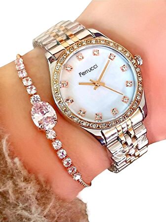Ferrucci Zirkon Taşlı Şık 1. Sınıf Çelik Kadın Kol Saat+Bileklik