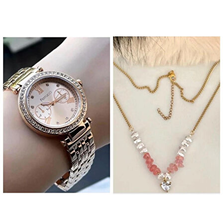 Çelik Jübile Kordon Tasarım Model Kadın Kol Saati+%100 Çelik Kolye Hediye