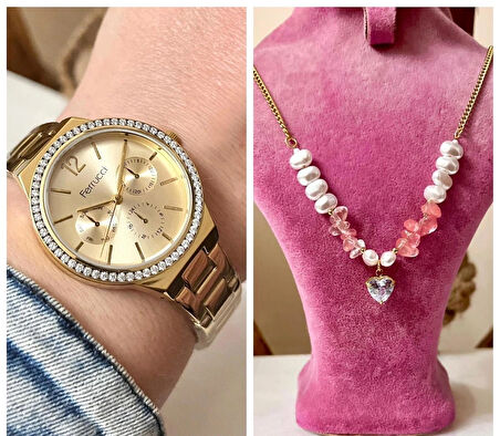Ferrucci Gold Çelik Spor Şık Kadın Kol Saat+%100 Çelik Kolye Hediye