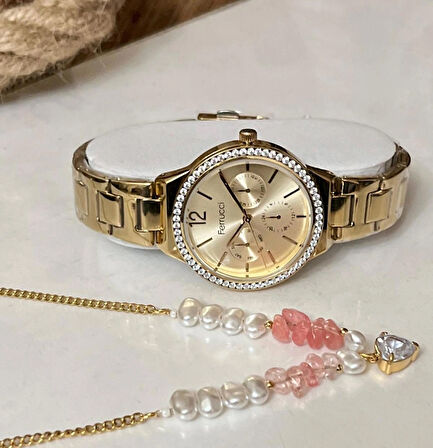 Ferrucci Gold Çelik Spor Şık Kadın Kol Saat+%100 Çelik Kolye Hediye