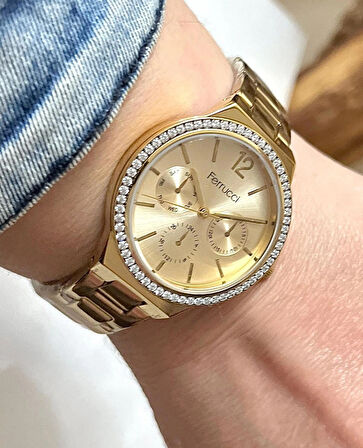 Ferrucci Gold Çelik Spor Şık Kadın Kol Saat+%100 Çelik Kolye Hediye