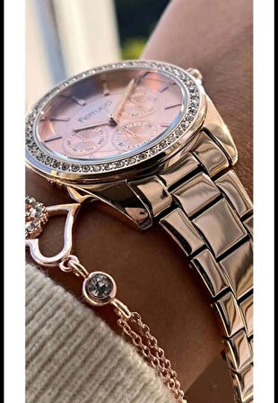 Ferrucci Rosegold Şık Taşlı  Çelik Kadın Kol Saat+Bileklik