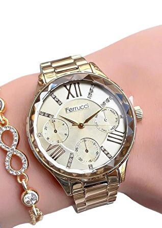 Ferrucci 1. Sınıf Çelik Zirkon Taşlı Şık Yeni Sezon Kadın Kol Saat+Bileklik