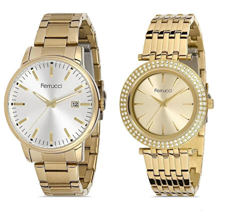 Ferrucci Gold Çelik Şık Sevgili Çift Saat Kombin+Bileklik