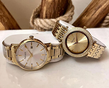 Ferrucci Gold Çelik Şık Sevgili Çift Saat Kombin+Bileklik
