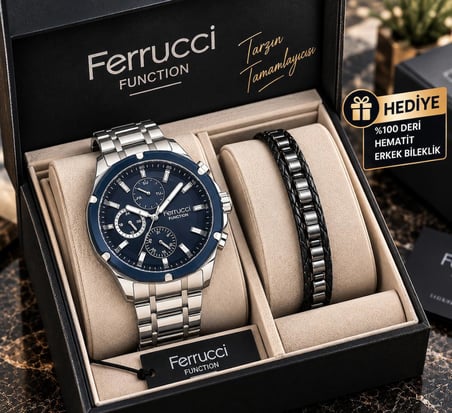 Ferrucci İç Göstergeler Aktif Çelik Kordon Erkek Kol Saati+&Deri Hematit Bileklik Hediyeli