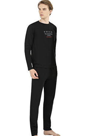 Uzunkol Yuvarlak Yakalı Penye Erkek Pijama Takım, %100 Pamuk