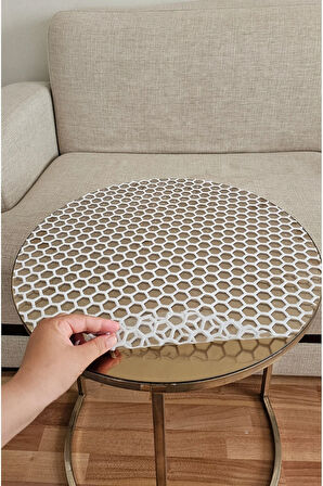 3’lü Zigon Sehpa Örtüsü | Bal Peteği Desenli PVC Krem| Lüks Su Geçirmez Silinebilir Çeyizlik Model