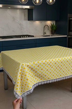 Lüks Güpürlü Sarı Duck Kumaş Masa Örtüsü Şık Desenli Su Geçirmez Silinebilir