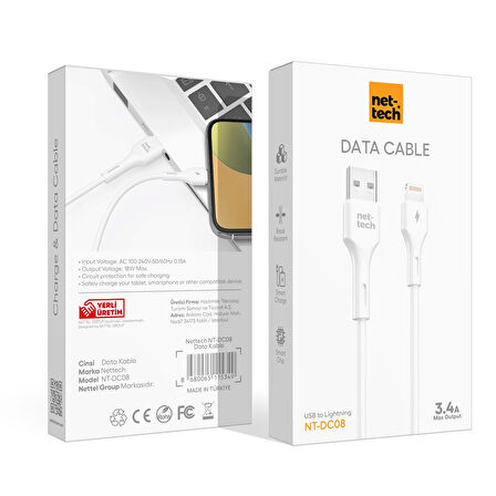 Nettech NT-DC08 3.4A Plastik 100 Cm Lightning Şarj ve Data Kablosu NT-DC08