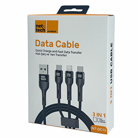 Nettech 3in1 USB To Micro + Lightning + Type-C İp Örgü Hızlı Şarj Data Kablosu 100 Cm