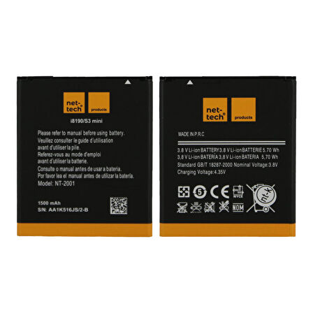 Teknonet Samsung Galaxy I8190 S3 Mini Uyumlu Nettech 1500 MAh Batarya NT-32421
