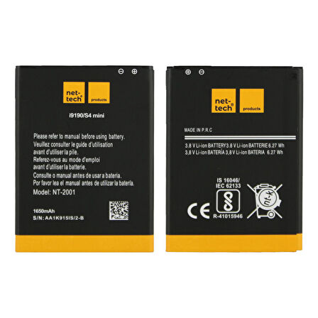 Teknonet Samsung Galaxy i9190 S4 Mini Uyumlu Nettech NT-32422 1650 MAh Batarya NT-32422