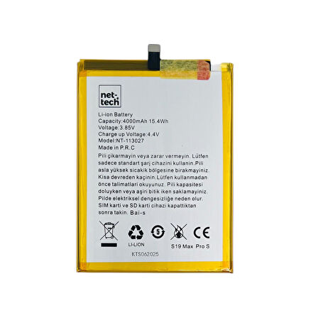 Teknonet Reeder S19 Max Pro S Uyumlu Nettech 4000 MAh Batarya NT-113027