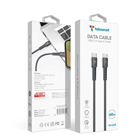 Teknonet TN-DC19 İp Örgü 100 Cm Type-C To Type-C Şarj ve Data Kablosu NT-112862