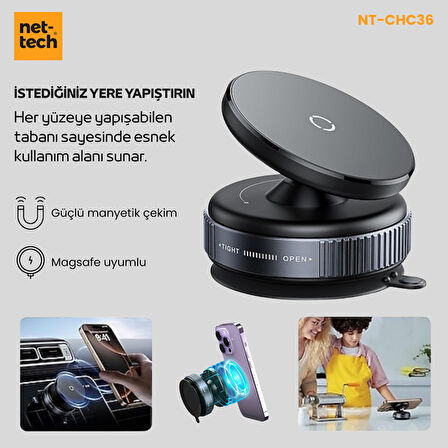 Nettech NT-CHC36 Vakumlu Çok Amaçlı Manyetik Araç Telefonu Tutucu (Siyah)